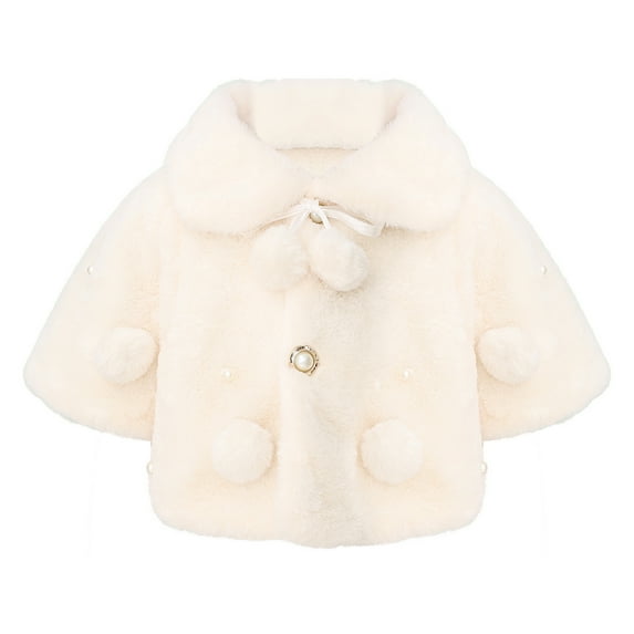 YONGHS Infant Baby Girls Faux Fur Cloak Jacket Princess Cape Coat with Pom Pom Winter Outwear White 2-3