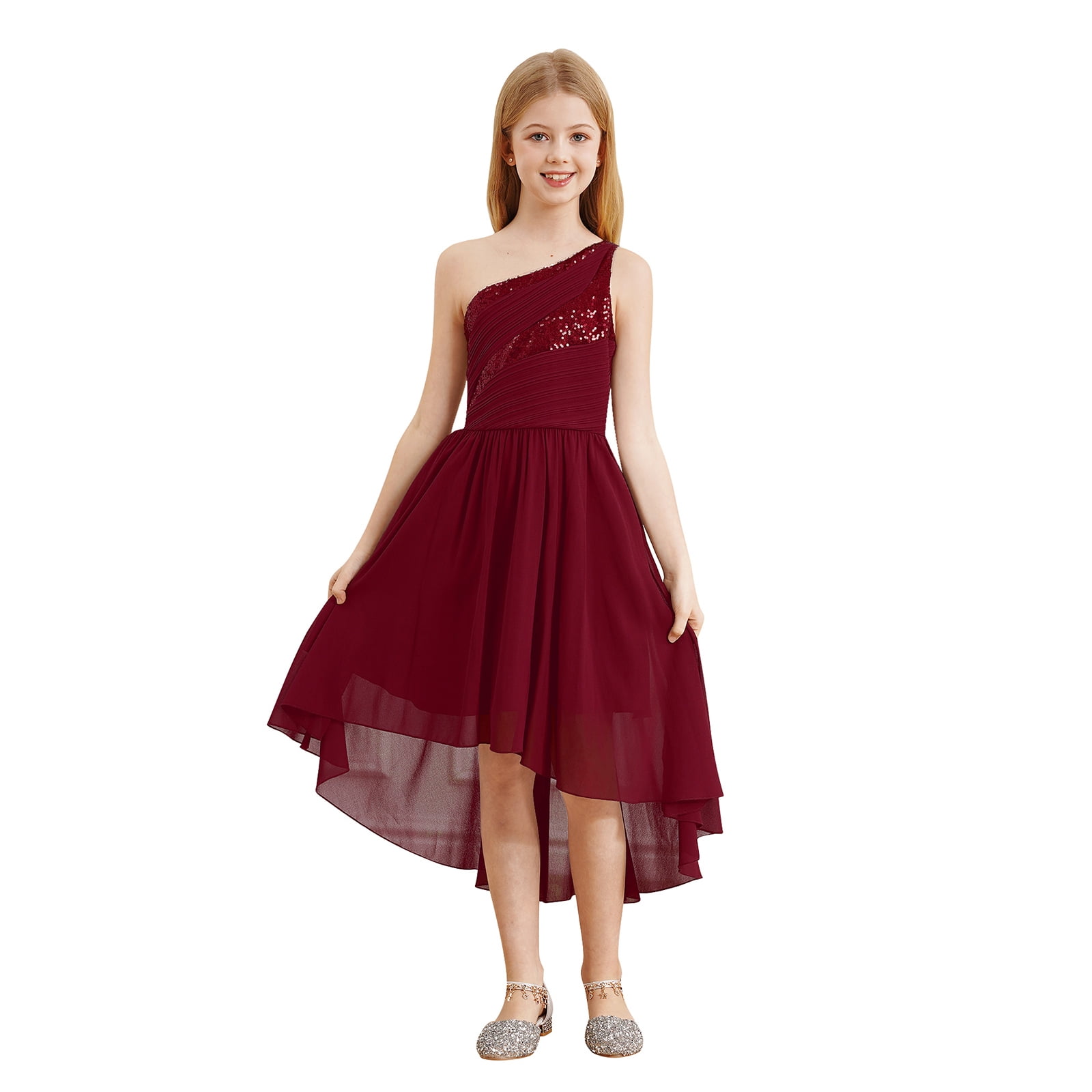 One Shoulder Pleated Junior Bridesmaid Dress With Flowers Orange main image 1