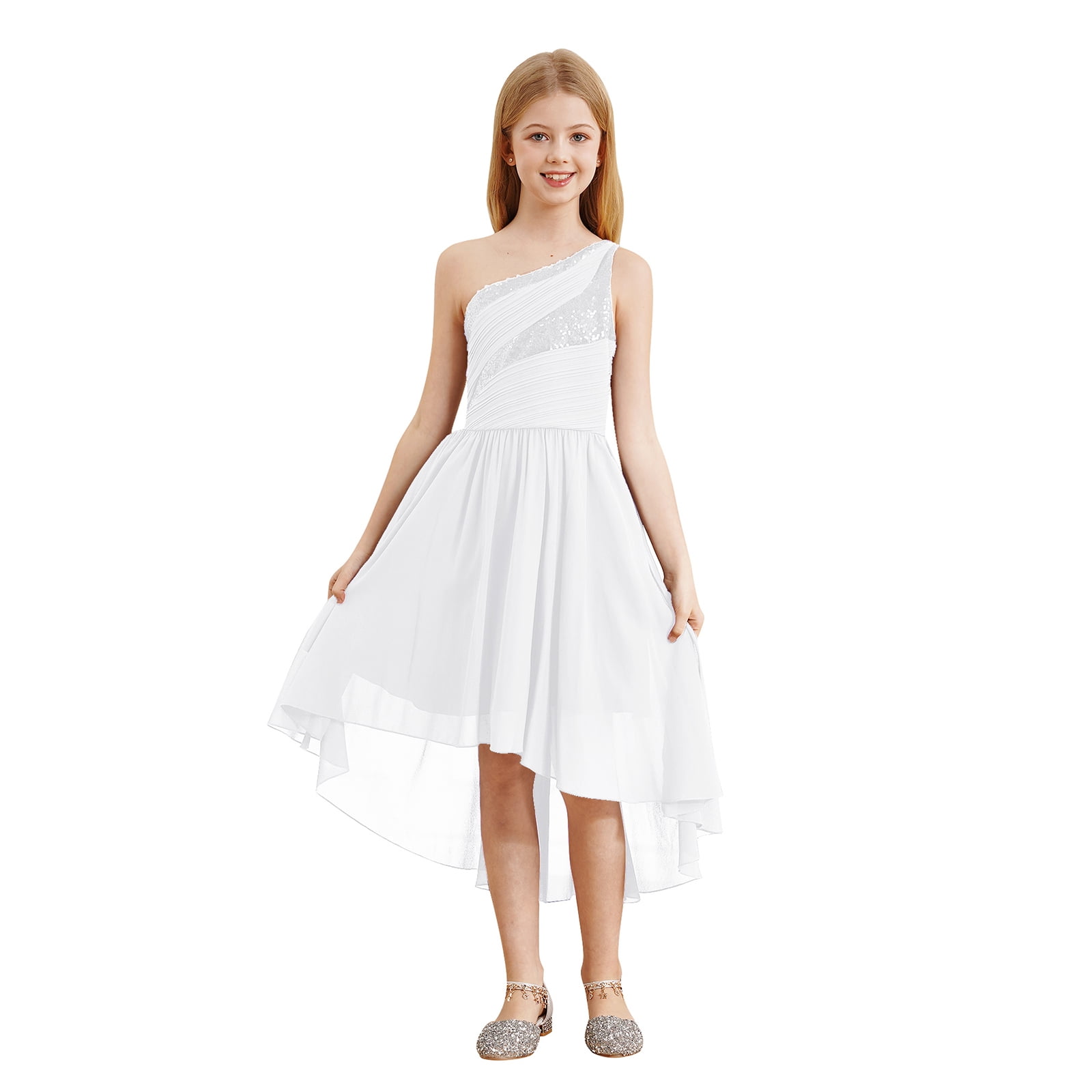 YONGHS Junior Bridesmaid Dresses Sequins Chiffon One Shoulder Flower Girl High-Low Dress Silver 14