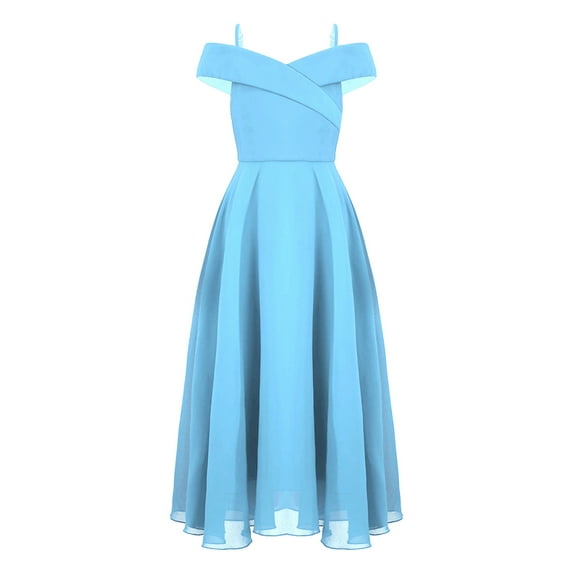 YONGHS Junior Cold Shoulder Spaghetti Straps Flower Girl Dress Pageant Wedding Formal Party Maxi Gown Light Blue 4