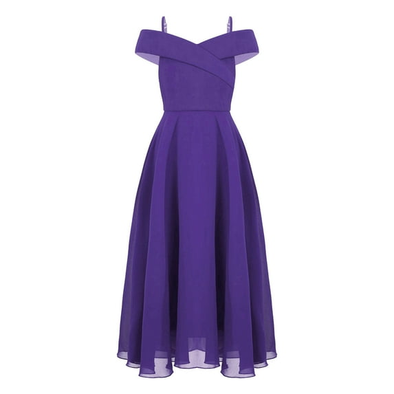 YONGHS Junior Cold Shoulder Spaghetti Straps Flower Girl Dress Pageant Wedding Formal Party Maxi Gown Purple 14