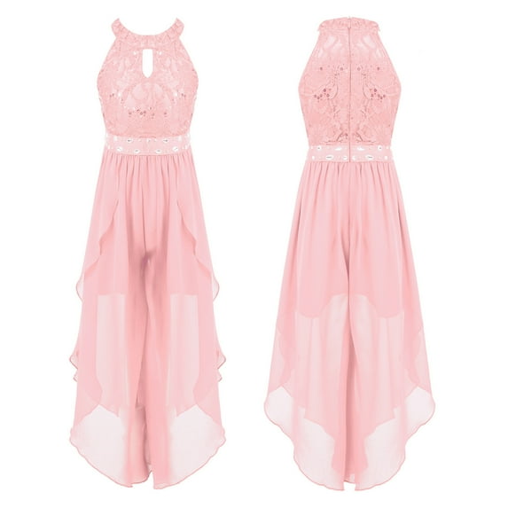 YONGHS Kid Girls Floral Lace Halter Party Dress Shiny Romper Bridesmaid Ball Gown A Pink 6