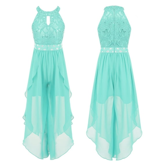 YONGHS Kid Girls Floral Lace Halter Party Dress Shiny Romper Bridesmaid Ball Gown Mint Green 6