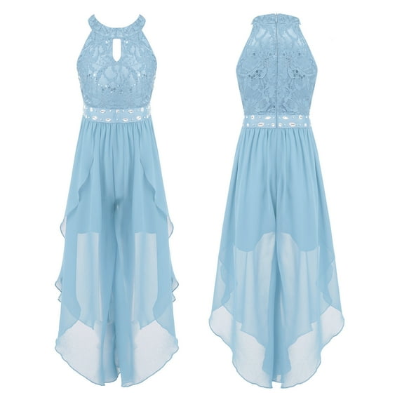 YONGHS Kid Girls Floral Lace Halter Party Dress Shiny Romper Bridesmaid Ball Gown Sky Blue 16