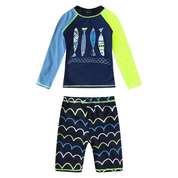 YONGHS Kids Boys 2 Piece Long Sleeve Swimsuit UPF 50+ Sun Protection Bathing Suit Swimwear Navy Blue Fish 8-9