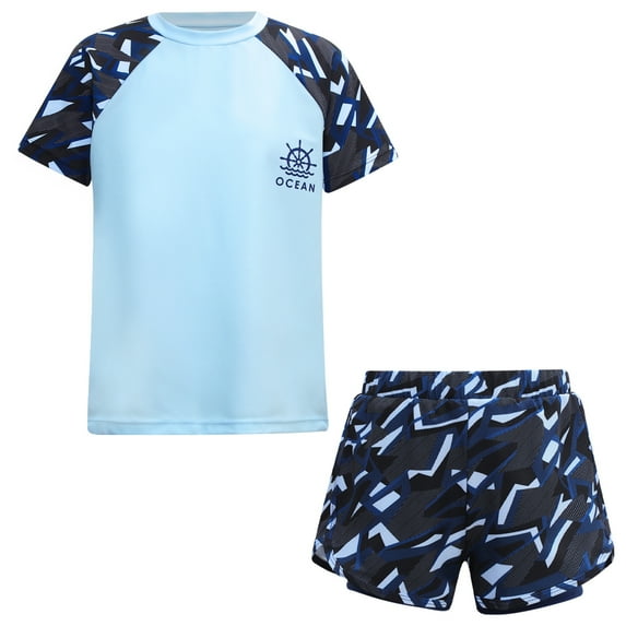 YONGHS Kids Boys 2 Piece Rash Guard Swimsuit Short Sleeve Swimwear UPF 50+ Bathing Suit 1Sky Blue 11-12