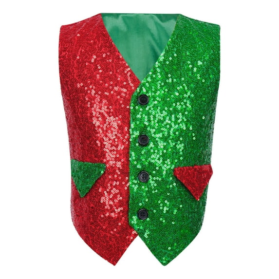 YONGHS Kids Boys Christmas Costume Color Block Sequin Vest Stage Show Waistcoat 4-14 Red&Green 14