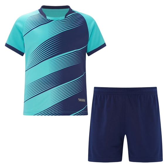 YONGHS Kids Boys Football Team Uniform Sport Tracksuit Soccer Jersey T-shirts with Shorts Set Sky Blue 13-14