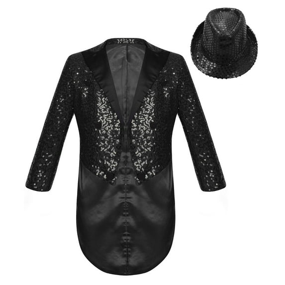 YONGHS Kids Boys Gentleman Tuxedos Blazer Suit Sparkly Sequin Long Sleeve Lapel Jacket with Hat Black 12