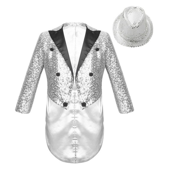 YONGHS Kids Boys Gentleman Tuxedos Blazer Suit Sparkly Sequin Long Sleeve Lapel Jacket with Hat Silver 6