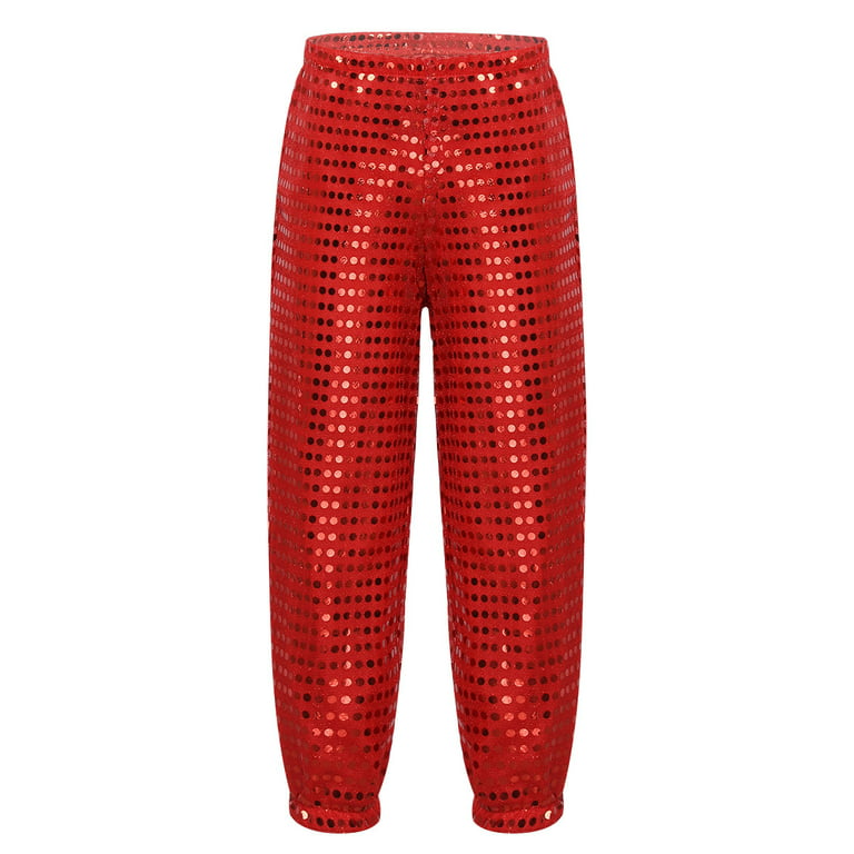 YONGHS Kids Boys Girls Glittery Sequins Dance Pants for Stage Performance  Hip-Hop Red 5-6