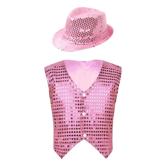 YONGHS Kids Boys Girls Sequin Vest Top Waistcoat and Hat Set Jazz Hip Hop Dance Performance Costume Pink 3-4