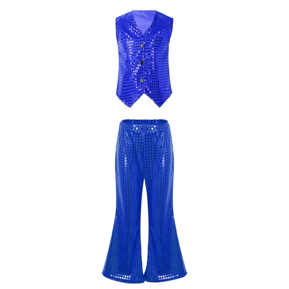 YONGHS Kids Boys Girls Shiny Button Waistcoat Vest with Flared Pants Hip Hop Jazz Dance Performance Costume Royal Blue 7-8