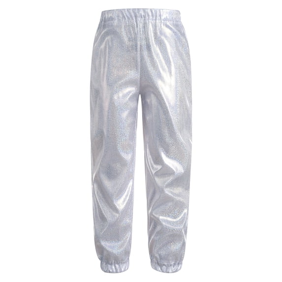 YONGHS Kids Boys Girls Shiny Metallic Harem Pants Wide Leg Jazz Hip Hop Street Dance Trousers Silver 15-16