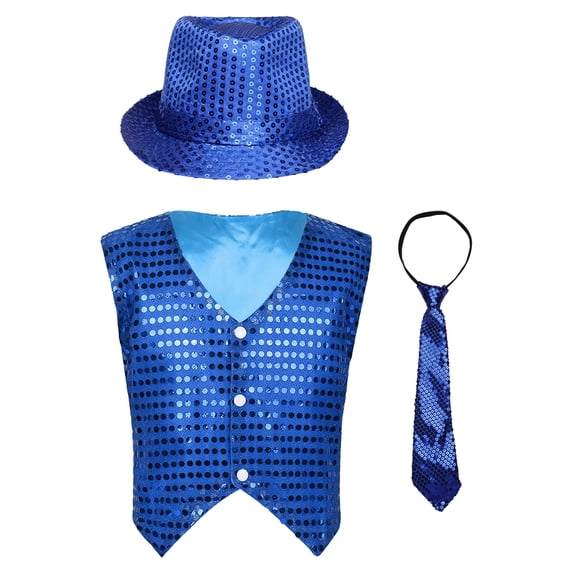 YONGHS Kids Boys Girls Stage Performance Sequined Vest Waistcoat Jacket Hip-Hop Street Dance Costume Blue 13-14