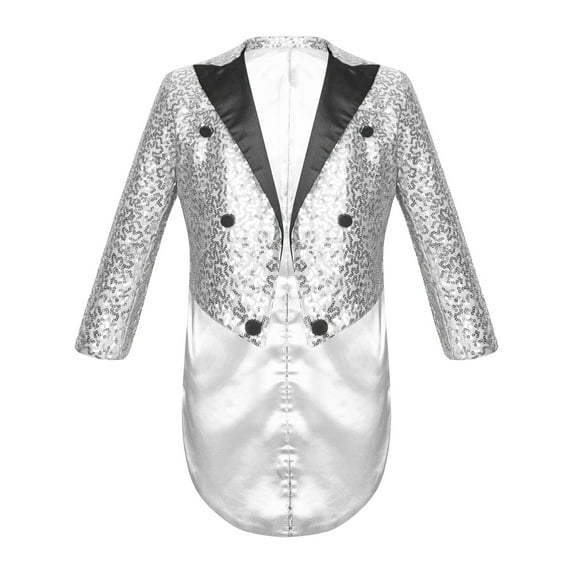 YONGHS Kids Boys Sequin Blazer Tuxedo Jacket Tailcoat Swallowtail Suit Dinner Party Wedding Dress Coat Silver 8