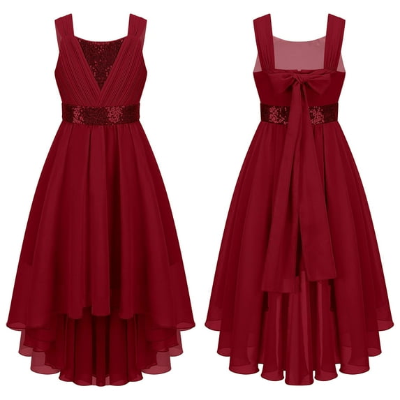 YONGHS Kids Flower Girls High Low Wedding Dress Prom Party Sequin Gowns Burgundy 10