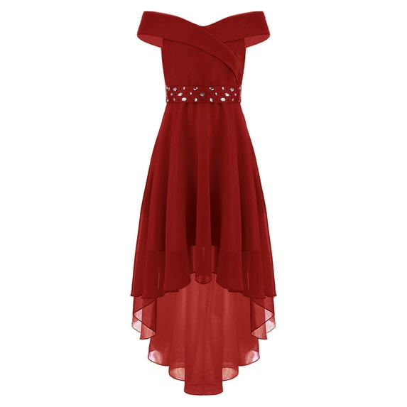 YONGHS Kids Flower Girls Off Shoulder Party Beaded Sash Dress Burgundy 8