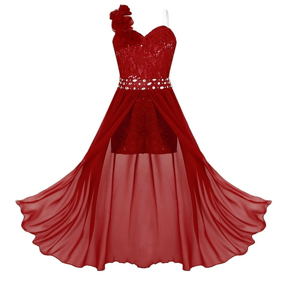 YONGHS Kids Flower Girls One Shoulder Romper Dress Chiffon Lace Ball Gown