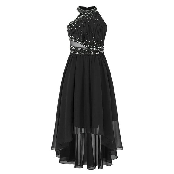 YONGHS Kids Flower Girls Shiny Rhinestone High Low Wedding Pageant Prom Party Formal Dress Black 14