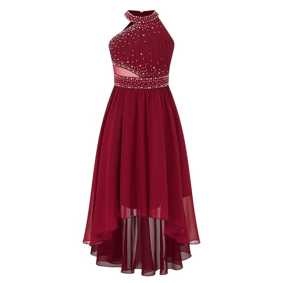 YONGHS Kids Flower Girls Shiny Rhinestone High Low Wedding Pageant Prom Party Formal Dress Burgundy 6
