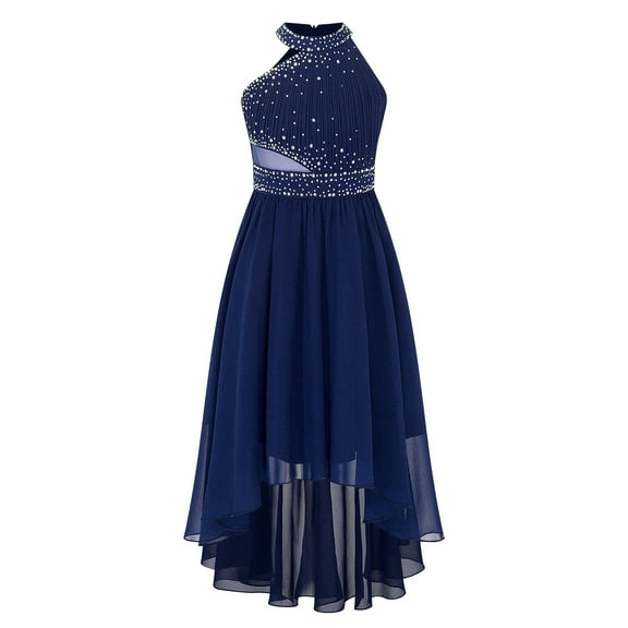 YONGHS Kids Flower Girls Shiny Rhinestone High Low Wedding Pageant Prom Party Formal Dress Navy Blue 10