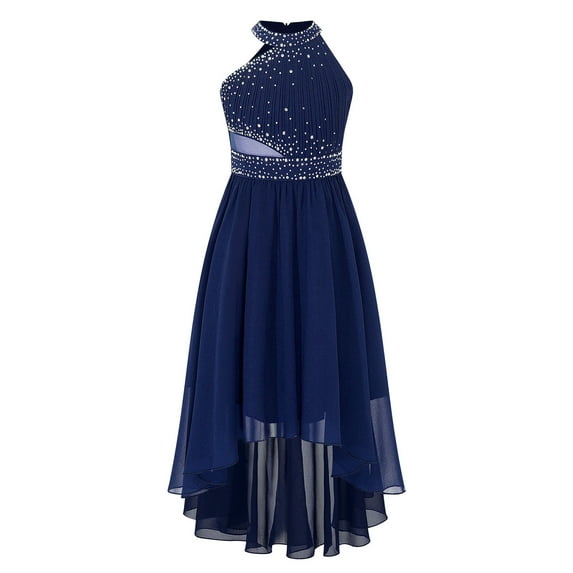 YONGHS Kids Flower Girls Shiny Rhinestone High Low Wedding Pageant Prom Party Formal Dress Navy Blue 12