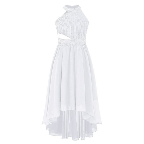 YONGHS Kids Flower Girls Shiny Rhinestone High Low Wedding Pageant Prom Party Formal Dress White 16
