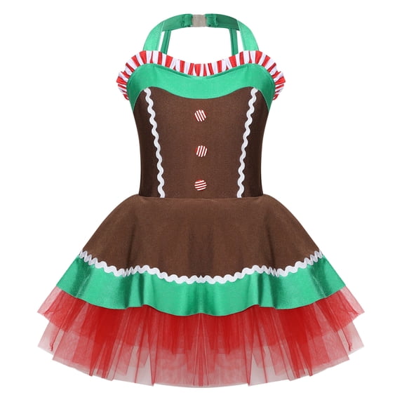 YONGHS Kids Gingerbread Girl Costume Christmas Dance Holiday Ballet Dance Party Leotard Tutu Dress Brown 4