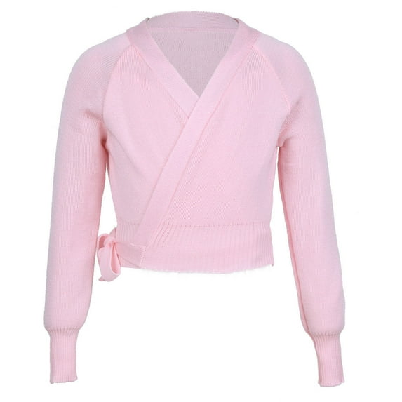 YONGHS Kids Girl's Long Sleeve Knitted Wrap Sweater Tops Ballerina Ballet Dance Cardigan Pink 5-6