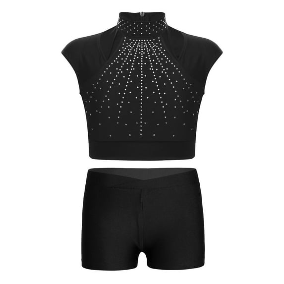 YONGHS Kids Girls 2 Piece Ballet Dance Gymnastics Sports Tracksuit Sequins Crop Top with Shorts Set Black 6
