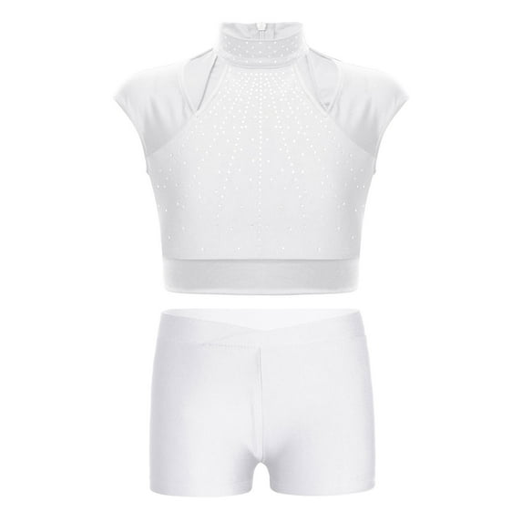 YONGHS Kids Girls 2 Piece Ballet Dance Gymnastics Sports Tracksuit Sequins Crop Top with Shorts Set White 10