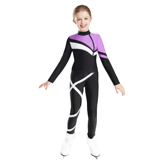 YONGHS Kids Girls 2 Piece Figure Skating Suit Sweatshirts Jacket with Skating Leggings Pants Set Light Purple 16