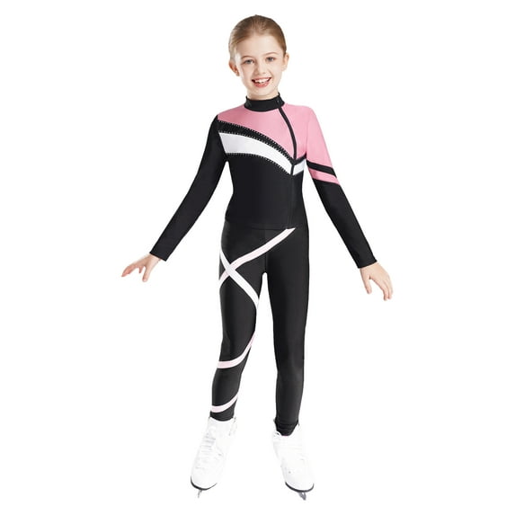 YONGHS Kids Girls 2 Piece Figure Skating Suit Sweatshirts Jacket with Skating Leggings Pants Set Pink 6