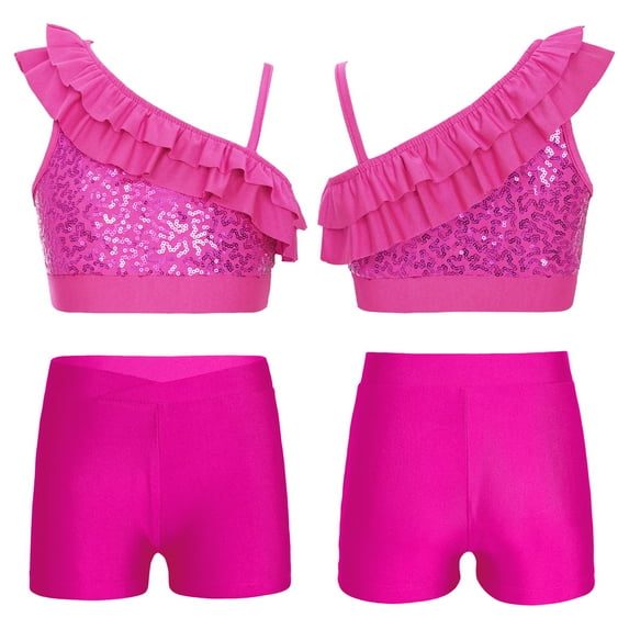 YONGHS Kids Girls 2 Piece Gymnastics Dance Outfits Sequins Crop Top with Shorts Set Hot Pink 6