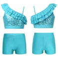 thumbnail image 1 of YONGHS Kids Girls 2 Piece Gymnastics Dance Outfits Sequins Crop Top with Shorts Set Lake Green 14, 1 of 7