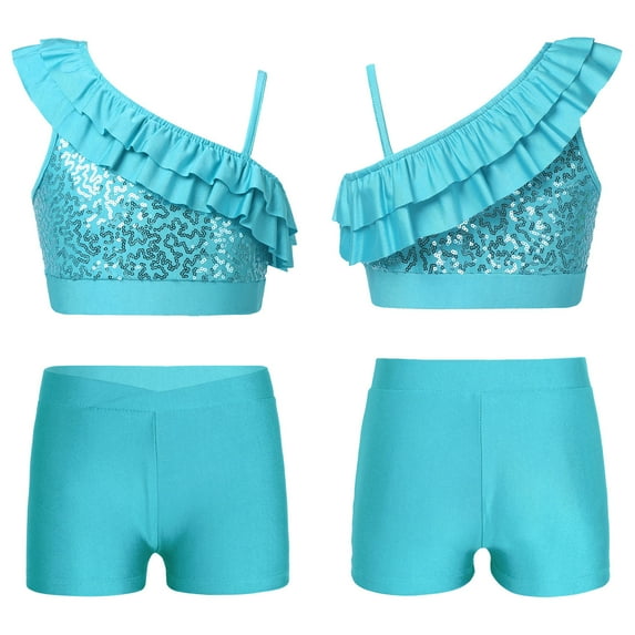 YONGHS Kids Girls 2 Piece Gymnastics Dance Outfits Sequins Crop Top with Shorts Set Lake Green 14