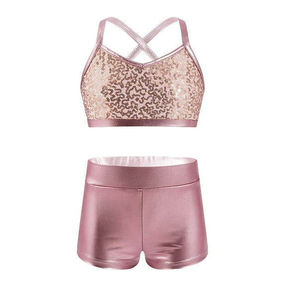 YONGHS Kids Girls 2-Piece Sports Dance Outfits Crop Tops with Booty Shorts Set 5-14