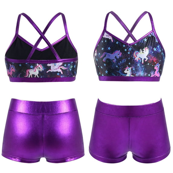YONGHS Kids Girls 2-Piece Sports Dance Outfits Crop Tops with Booty Shorts Set 5-14