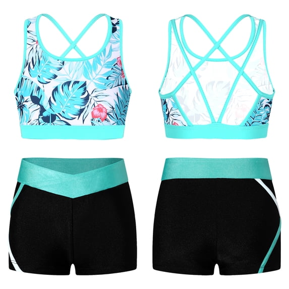 YONGHS Kids Girls 2 Piece Tankini Swimsuit Sport Crop Top Crisscross Tank with Swimming Shorts Set Leaf 6