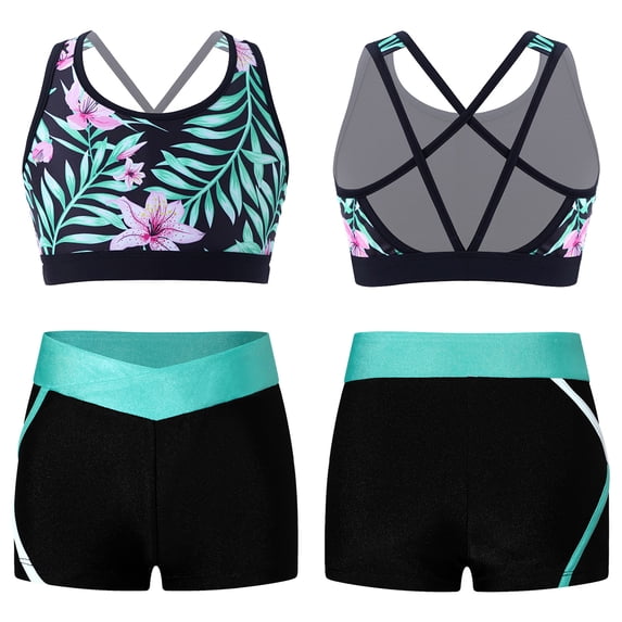 YONGHS Kids Girls 2 Piece Tankini Swimsuit Sport Crop Top Crisscross Tank with Swimming Shorts Set Lily 16
