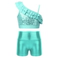 thumbnail image 1 of YONGHS Kids Girls 2-Piece Tracksuit Gymnastics Dance Outfit Sequin Ruffle Crop Top with Shorts Light Green 12, 1 of 7