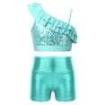 thumbnail image 1 of YONGHS Kids Girls 2-Piece Tracksuit Gymnastics Dance Outfit Sequin Ruffle Crop Top with Shorts Light Green 6, 1 of 7