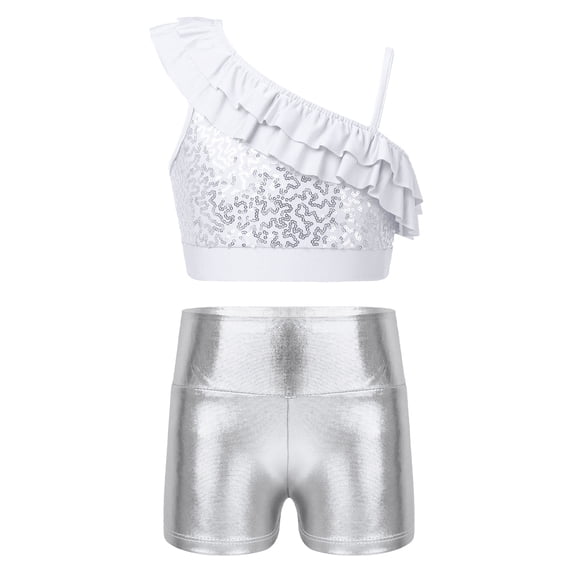 YONGHS Kids Girls 2-Piece Tracksuit Gymnastics Dance Outfit Sequin Ruffle Crop Top with Shorts Silver 6