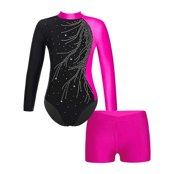 YONGHS Kids Girls 2 Pieces Gymnastics Outfits Long Sleeve Ballet Dance Leotard with Shorts Set Rose 10