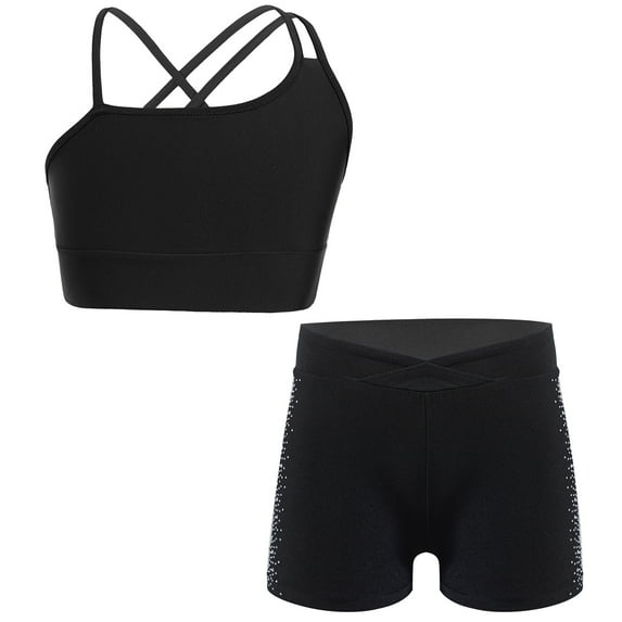YONGHS Kids Girls 2pcs Gym Workout Yoga Outfit Cross Back Dance Crop Top and Athletic Shorts Set Black 12
