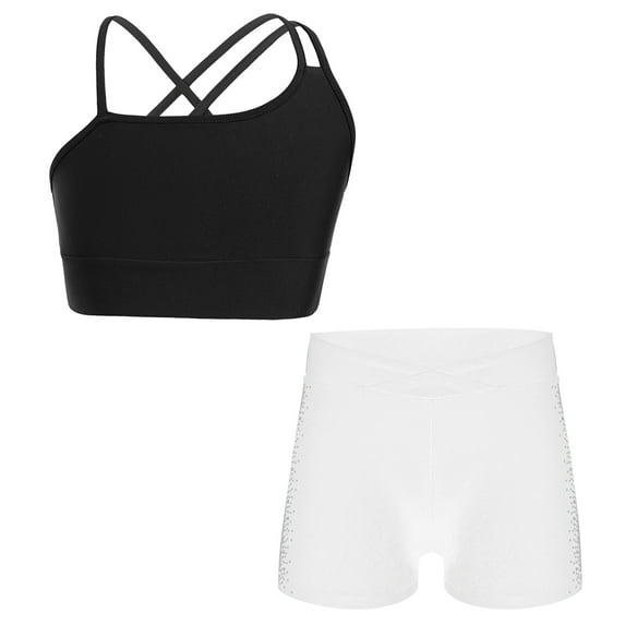 YONGHS Kids Girls 2pcs Gym Workout Yoga Outfit Cross Back Dance Crop Top and Athletic Shorts Set Black&White 12