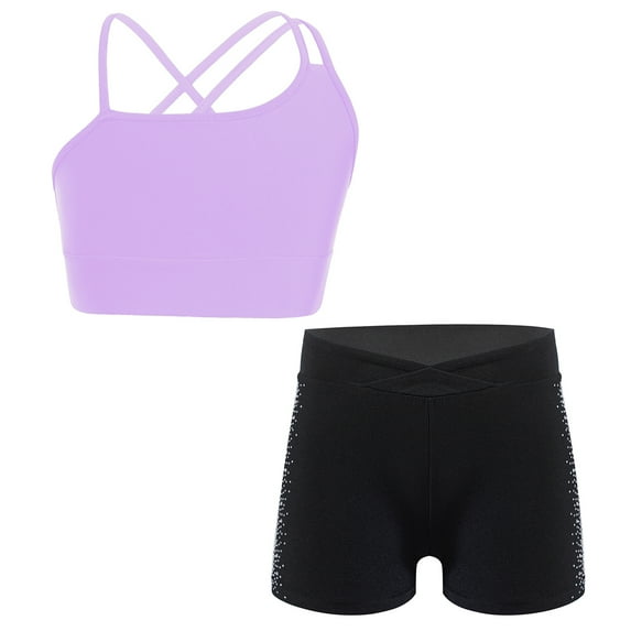 YONGHS Kids Girls 2pcs Gym Workout Yoga Outfit Cross Back Dance Crop Top and Athletic Shorts Set Purple&Black 6