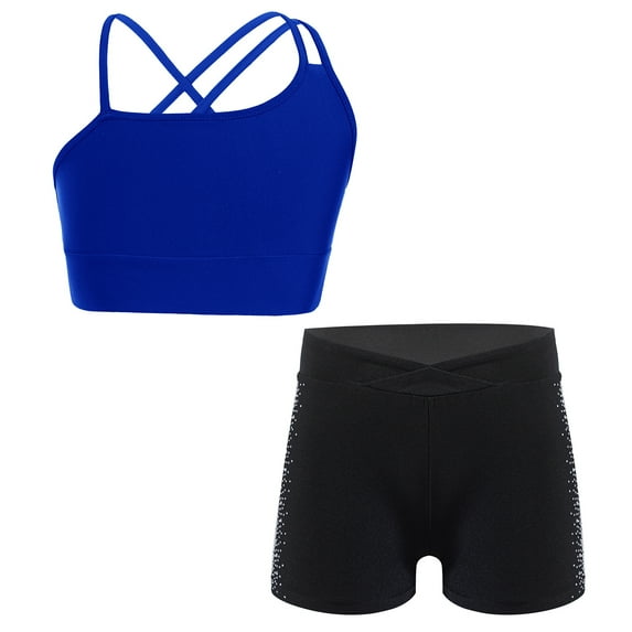YONGHS Kids Girls 2pcs Gym Workout Yoga Outfit Cross Back Dance Crop Top and Athletic Shorts Set Royal Blue&Black 10