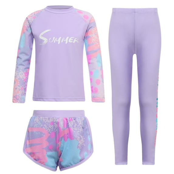 YONGHS Kids Girls 3 Pcs Athletic Swimsuit UPF 50+ Rash Guard Shirts with Shorts Leggings Sunsuit Purple 7-8